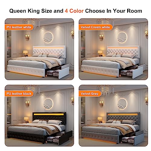 Queen Led Bed Frame with 4 Storage Drawers, with Smart Control RGBW LED Lights Headboard Footboard, Control DIY Color, Box Spring Optional, PU White