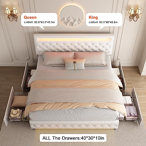 Queen Led Bed Frame with 4 Storage Drawers, with Smart Control RGBW LED Lights Headboard Footboard, Control DIY Color, Box Spring Optional, PU White