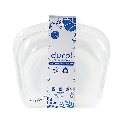 Durbl Reusable Silicone Bags for Food Storage, Bundle 3-Pack(Clear) Folding Large Silicone Container Bags, Lunch,Sandwich,Make-Up, Travel, Home Organization, Microwave, Dishwasher,Freezer Safe