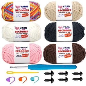 6 pack beginners crochet yarn rainbow pink white beige coffee black cotton crochet yarn for crocheting knitting beginners with easy-to-see stitches crochet yarn for beginners crochet kit(6x50g)