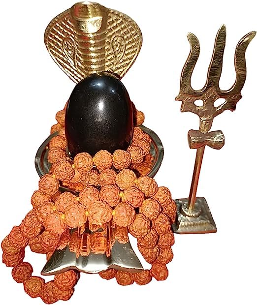 Shaligram Shiva Ling Lingam Shivling Naaga Brass Stand 4.7 Inches Approx Tirshul 4 inch Rudraksha mala 108 Beads 6mm