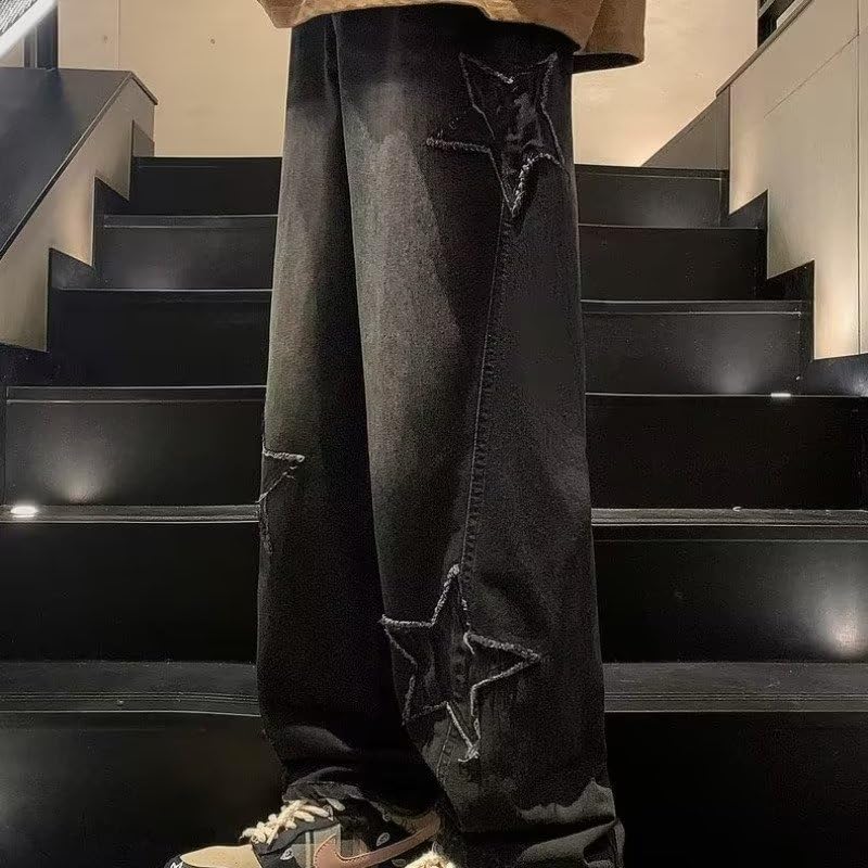 Grunge Baggy Jeans Y2K Emo Alt Cargo Pant Star Patchwork Fairycore Demin Cloting Jogger Hiphop Gothic Tripp Streetwear (Black,Large)