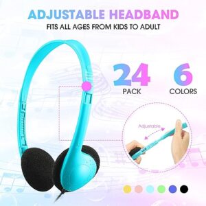 24 Pcs Headphones Bulk Classroom Headphones Adjustable over Head Earphones Wired Kids over Ear Headset with 3.5 mm Headphone Plug for School Classroom Airplane Students Children Adults (Classic Color)