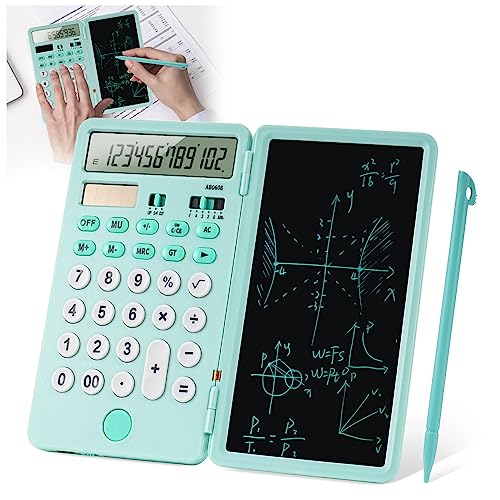 Calculator with Writing Tablet, Wjiang Dual Power Calculator Foldable Desktop Calculator 12 Digit LCD Display Basic Calculator Pocket Calculator for School Students Office Business (Blue)