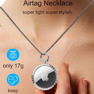 Airtag Necklace, Titanium Rhinestone Airtag Necklace for Adults, Adjustable Air Tag Necklace Kids, Airtag Holder Case Keychain Compatible Apple Airtag