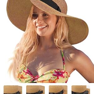 Beach Hats for Women, Wide Brim Sun Straw Hat Foldable Summer Floppy Hat UV Protection Cap, A-Khaki