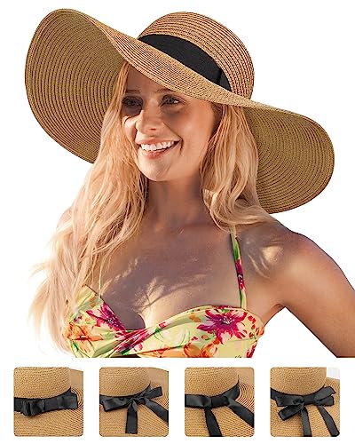 Beach Hats for Women, Wide Brim Sun Straw Hat Foldable Summer Floppy Hat UV Protection Cap, A-Khaki