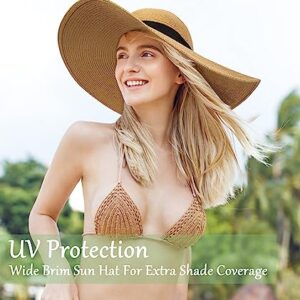 Beach Hats for Women, Wide Brim Sun Straw Hat Foldable Summer Floppy Hat UV Protection Cap, A-Khaki