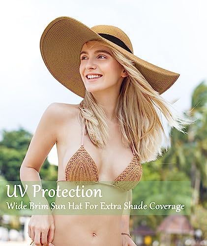 Beach Hats for Women, Wide Brim Sun Straw Hat Foldable Summer Floppy Hat UV Protection Cap, A-Khaki