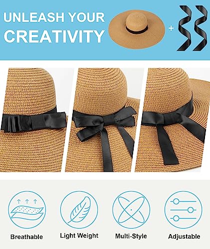 Beach Hats for Women, Wide Brim Sun Straw Hat Foldable Summer Floppy Hat UV Protection Cap, A-Khaki