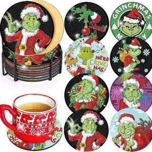 KYOQFVN 8 PCS Christmas Diamond Art Coasters Kit with Holder, DIY Grinch Diamond Painting Coasters for Adults, 5D Grinch Xmas Diamond dot Kits Coasters Craft Supplies