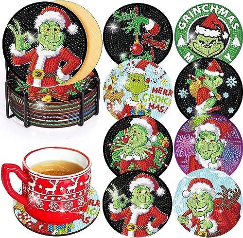 KYOQFVN 8 PCS Christmas Diamond Art Coasters Kit with Holder, DIY Grinch Diamond Painting Coasters for Adults, 5D Grinch Xmas Diamond dot Kits Coasters Craft Supplies