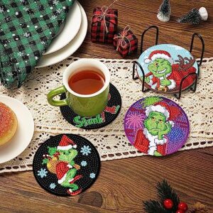 KYOQFVN 8 PCS Christmas Diamond Art Coasters Kit with Holder, DIY Grinch Diamond Painting Coasters for Adults, 5D Grinch Xmas Diamond dot Kits Coasters Craft Supplies