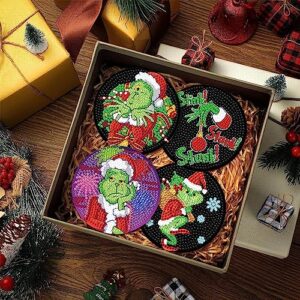 KYOQFVN 8 PCS Christmas Diamond Art Coasters Kit with Holder, DIY Grinch Diamond Painting Coasters for Adults, 5D Grinch Xmas Diamond dot Kits Coasters Craft Supplies