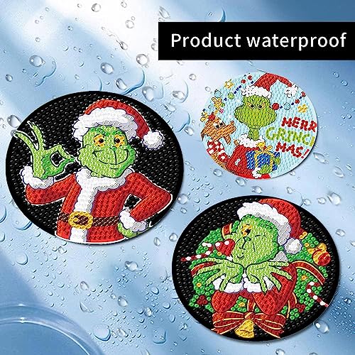 KYOQFVN 8 PCS Christmas Diamond Art Coasters Kit with Holder, DIY Grinch Diamond Painting Coasters for Adults, 5D Grinch Xmas Diamond dot Kits Coasters Craft Supplies