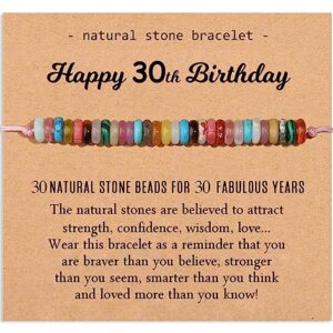 Miss Pink 30th Birthday Gifts for Her, 30 Years Old Birthday Gifts Thirty Natural Healing Stone Beads Bracelet with Card for Women Happy 30th Birthday Turning 30 yrs Old Gift for Friends Sister