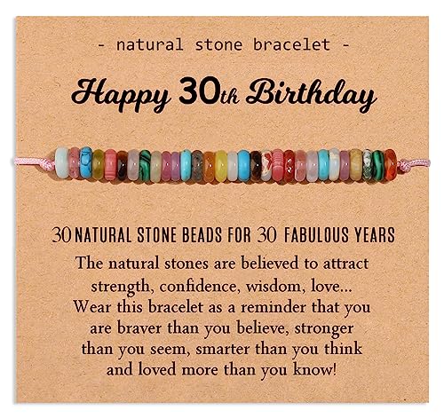 Miss Pink 30th Birthday Gifts for Her, 30 Years Old Birthday Gifts Thirty Natural Healing Stone Beads Bracelet with Card for Women Happy 30th Birthday Turning 30 yrs Old Gift for Friends Sister