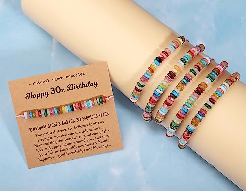 Miss Pink 30th Birthday Gifts for Her, 30 Years Old Birthday Gifts Thirty Natural Healing Stone Beads Bracelet with Card for Women Happy 30th Birthday Turning 30 yrs Old Gift for Friends Sister