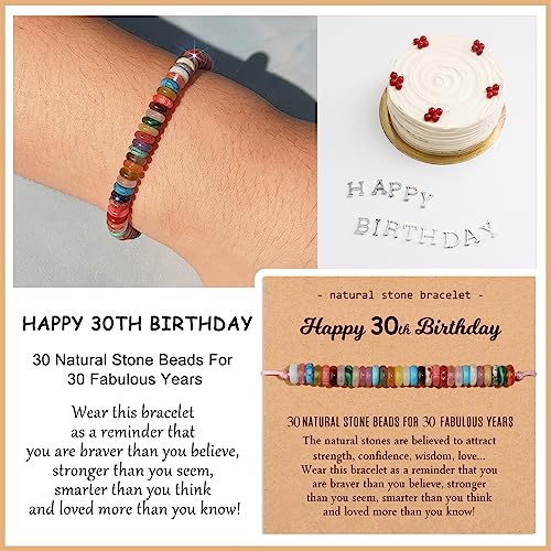 Miss Pink 30th Birthday Gifts for Her, 30 Years Old Birthday Gifts Thirty Natural Healing Stone Beads Bracelet with Card for Women Happy 30th Birthday Turning 30 yrs Old Gift for Friends Sister