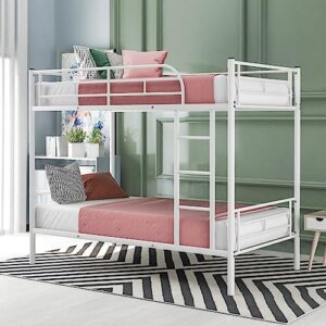 twin over twin metal bunk bed with ladder and safety guard rail,heavy duty bunk beds with metal slats for kids teens adults, no box spring required/space-saving/noise free/easy assembly (white)