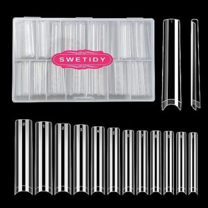 504pcs no c curve 3xl extra long square nail tips for acrylic nails professional, swetidy clear straight flattened half cover false nails tips with case for nail salons and home diy, 12 sizes