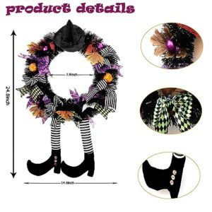 Alyken Halloween Wreath for Front Door, 24''Halloween Door Wreath with Witch Hat and Legs, Super Cute Halloween Decor, for Front Door, Window, Indoors, Halloween Home Party Decorations