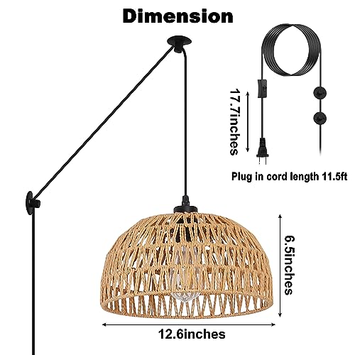 Casamoon Farmhouse Plug in Pendant Light, 12.6'' Woven Wicker Hemp Rope Shade Hanging Light Fixtures, Boho Rattan Ceiling Hanging Lamp for Kitchen, Dining Room, Bedroom, Entryway, Retro, Rustic Décor