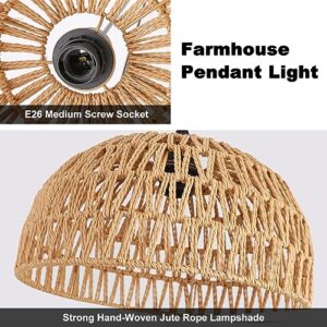 Casamoon Farmhouse Plug in Pendant Light, 12.6'' Woven Wicker Hemp Rope Shade Hanging Light Fixtures, Boho Rattan Ceiling Hanging Lamp for Kitchen, Dining Room, Bedroom, Entryway, Retro, Rustic Décor