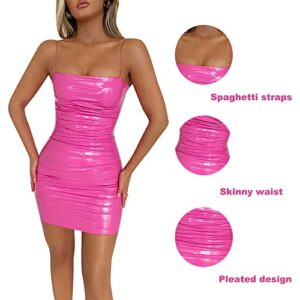 CNLFC Women's Sexy Latex Faux Leather Spaghetti Strap Petite Dress Ruched Tight Zipper Mini Club Party Bodycon Dress (Pink,Medium)