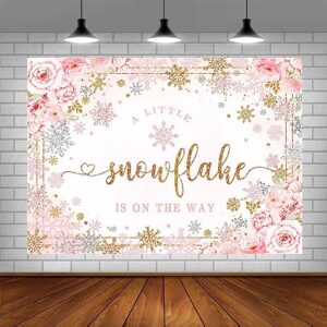 AIBIIN 7x5ft Winter Baby Shower Backdrop for Girls A Little Snowflake is on The Way Baby Shower Photography Background Pink Floral Gold Snowflake Baby Shower Party Decorations Supplies Banner