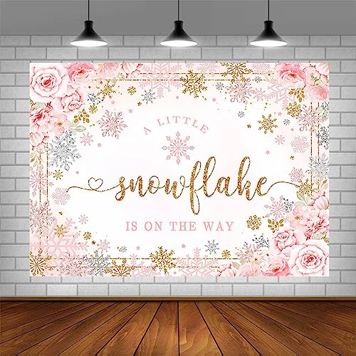 AIBIIN 7x5ft Winter Baby Shower Backdrop for Girls A Little Snowflake is on The Way Baby Shower Photography Background Pink Floral Gold Snowflake Baby Shower Party Decorations Supplies Banner