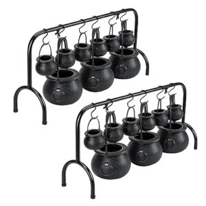 tftafan 2 set halloween witch cauldron serving bowls on rack candy cauldron kettles spooky candy bucket punch bowls for indoor outdoor home kitchen decoration, halloween party decorations