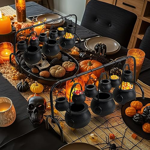 TFTAFAN 2 set Halloween Witch Cauldron Serving Bowls on Rack Candy Cauldron Kettles Spooky Candy Bucket Punch Bowls for Indoor Outdoor Home Kitchen Decoration, halloween Party Decorations