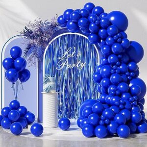 fotiomrg 130pcs royal blue balloon garland arch kit, 18 12 10 5 inch royal blue latex balloons different sizes pack for graduation baby shower baseball nautical wedding birthday party decorations（with fringe backdrop）