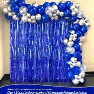 FOTIOMRG 130pcs Royal Blue Balloon Garland Arch Kit, 18 12 10 5 inch Royal Blue Latex Balloons Different Sizes Pack for Graduation Baby Shower Baseball Nautical Wedding Birthday Party Decorations（with Fringe Backdrop）