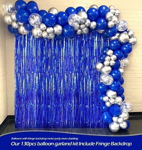 FOTIOMRG 130pcs Royal Blue Balloon Garland Arch Kit, 18 12 10 5 inch Royal Blue Latex Balloons Different Sizes Pack for Graduation Baby Shower Baseball Nautical Wedding Birthday Party Decorations（with Fringe Backdrop）