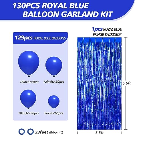 FOTIOMRG 130pcs Royal Blue Balloon Garland Arch Kit, 18 12 10 5 inch Royal Blue Latex Balloons Different Sizes Pack for Graduation Baby Shower Baseball Nautical Wedding Birthday Party Decorations（with Fringe Backdrop）