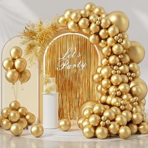 fotiomrg 130pcs metallic gold balloon garland arch kit with fringe backdrop, 18 12 10 5 inch chrome gold latex balloons different sizes pack for engagement baby shower halloween wedding birthday party decorations