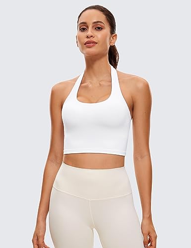 CRZ YOGA Womens Butterluxe Halter Longline Sports Bra - Padded Workout Yoga Crop Tank Tops with Built in Shelf Bra White Small