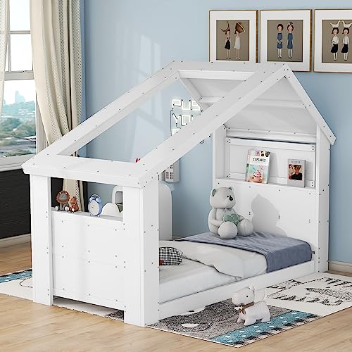 Bellemave Twin Floor Bed for Kids,Twin Size House Bed Frame with Roof, Window and Led Light Design,Wood Twin Montessori Floor Bed for Girls Boys, White