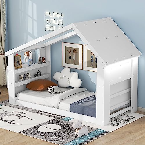 Bellemave Twin Floor Bed for Kids,Twin Size House Bed Frame with Roof, Window and Led Light Design,Wood Twin Montessori Floor Bed for Girls Boys, White