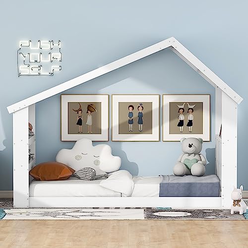 Bellemave Twin Floor Bed for Kids,Twin Size House Bed Frame with Roof, Window and Led Light Design,Wood Twin Montessori Floor Bed for Girls Boys, White