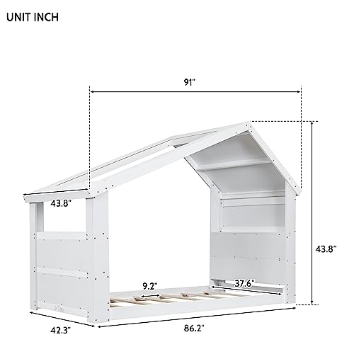 Bellemave Twin Floor Bed for Kids,Twin Size House Bed Frame with Roof, Window and Led Light Design,Wood Twin Montessori Floor Bed for Girls Boys, White