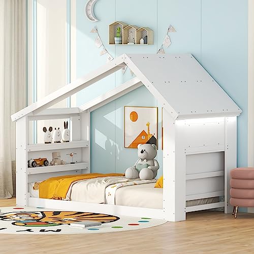 Bellemave Twin Floor Bed for Kids,Twin Size House Bed Frame with Roof, Window and Led Light Design,Wood Twin Montessori Floor Bed for Girls Boys, White