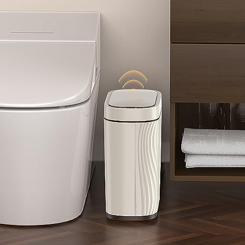 Small Bathroom Trash Cans with Lids Automatic Garbage Can Bathroom Trash Can,Narrow Waterproof Plastic 2.8 Gallon Motion Sensor Touchless Garbage Can,Off White+Black