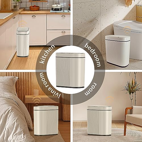 Small Bathroom Trash Cans with Lids Automatic Garbage Can Bathroom Trash Can,Narrow Waterproof Plastic 2.8 Gallon Motion Sensor Touchless Garbage Can,Off White+Black