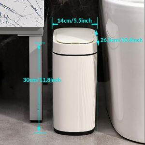 Small Bathroom Trash Cans with Lids Automatic Garbage Can Bathroom Trash Can,Narrow Waterproof Plastic 2.8 Gallon Motion Sensor Touchless Garbage Can,Off White+Black