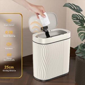 Small Bathroom Trash Cans with Lids Automatic Garbage Can Bathroom Trash Can,Narrow Waterproof Plastic 2.8 Gallon Motion Sensor Touchless Garbage Can,Off White+Black