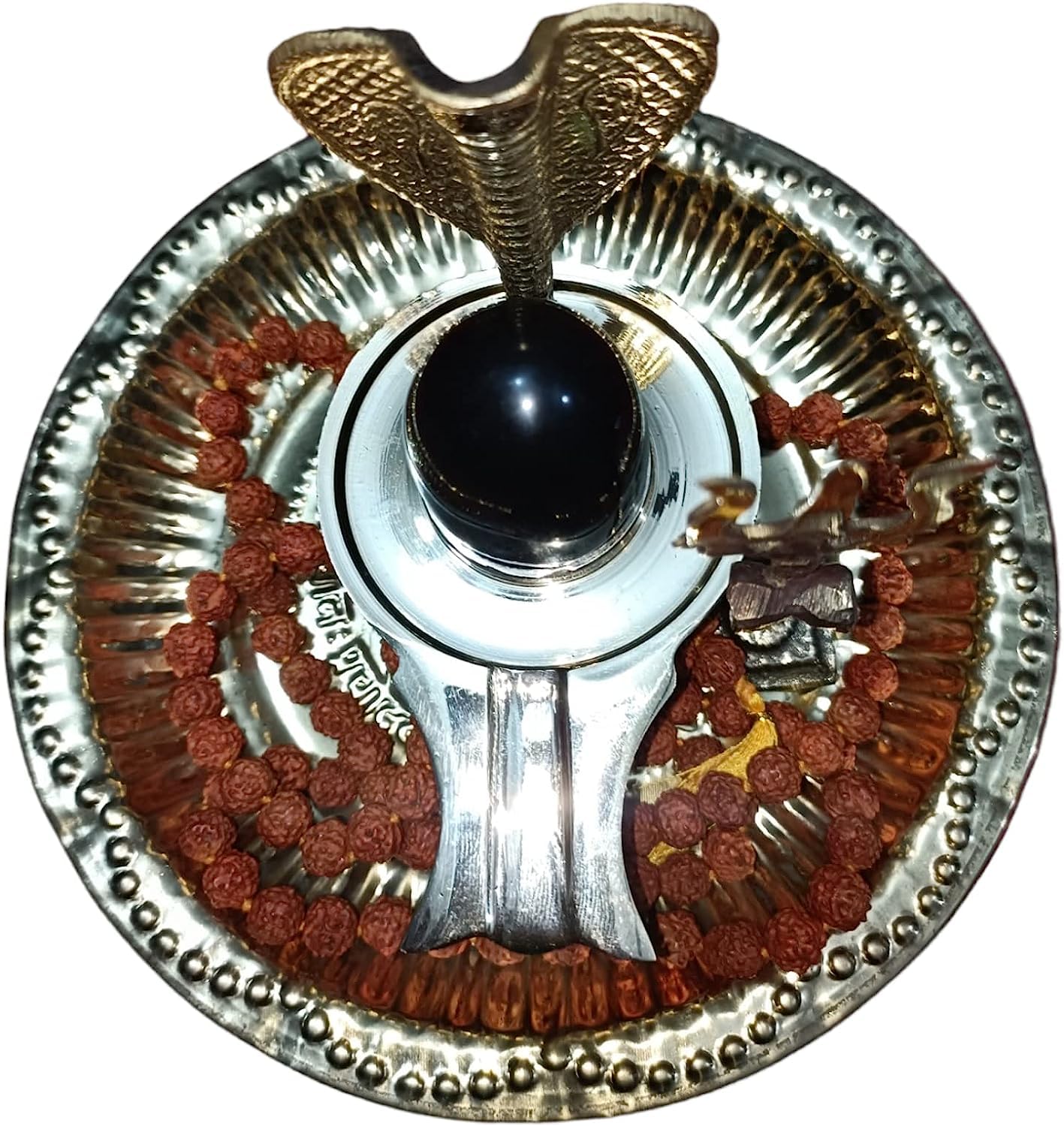 Shaligram Shiva Ling Lingam Shivling Naaga Brass Stand(Thali tirshul 3inch) Shiv Plate Rudraksha mala 108 Stone 6mm