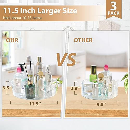 3 Pack Lazy Susan Organizer for Cabinet, Upgraded 11.5" Clear Lazy Susan Turntable with Handles and Raised Edge, Rotating Lazy Susan Spice Storage for Kitchen, Pantry, Refrigerator, Bathroom, Table